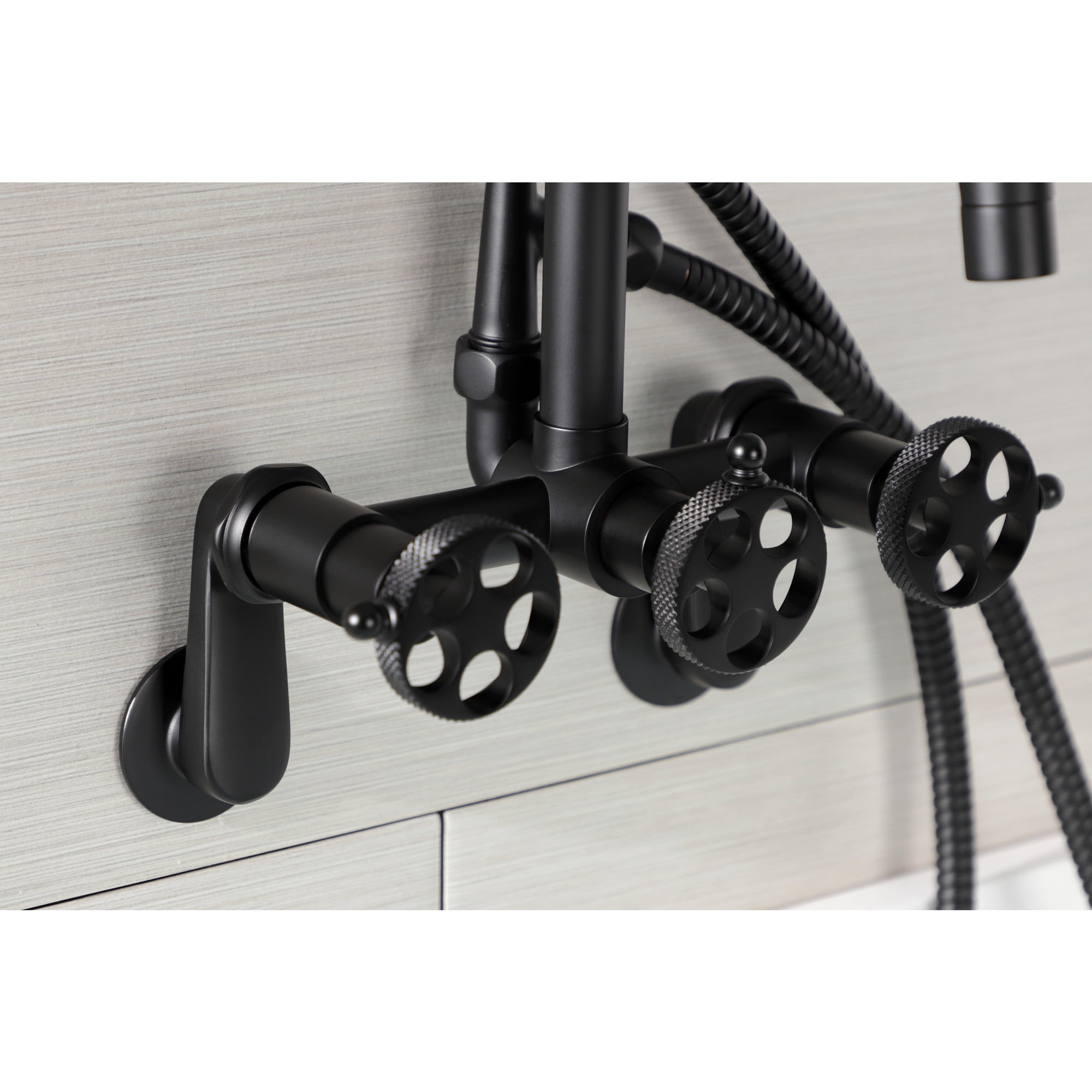 Kingston Brass AE8150RKX Webb 7-Inch Adjustable Wall Mount Clawfoot Tub Faucet with Knurled Handle and Hand Shower, Matte Black