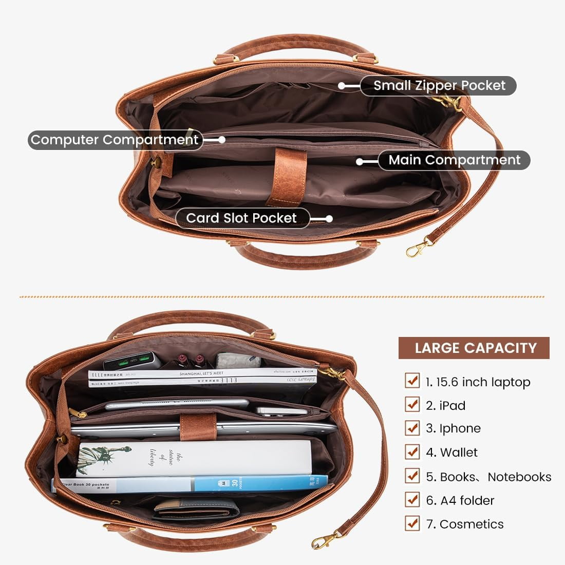 RKXQT Laptop Bag for Women 15.6 Inch Tote Bags Waterproof Leather Briefcase Computer Women Business Office Work Bag,Vintage Brown