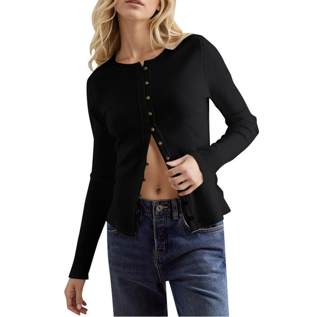 Aocisk Cardigan à Boutons pour Femmes, Couleur Unie, Coupe Ajustée, Veste à Manches Longues, Col Rond, Haut en Tricot Côtelé, Noir, TG