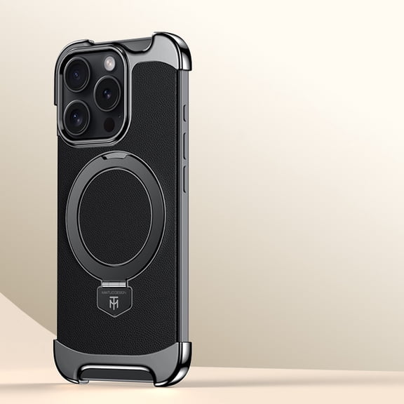 Frameless for iPhone 16 Pro Max Case, Compatible with Magsafe, Minimalist Shockproof Phone Shells, Magnetic Aluminum Metal Leather Case, Scratch Resistant Protective Case with Stand, Black