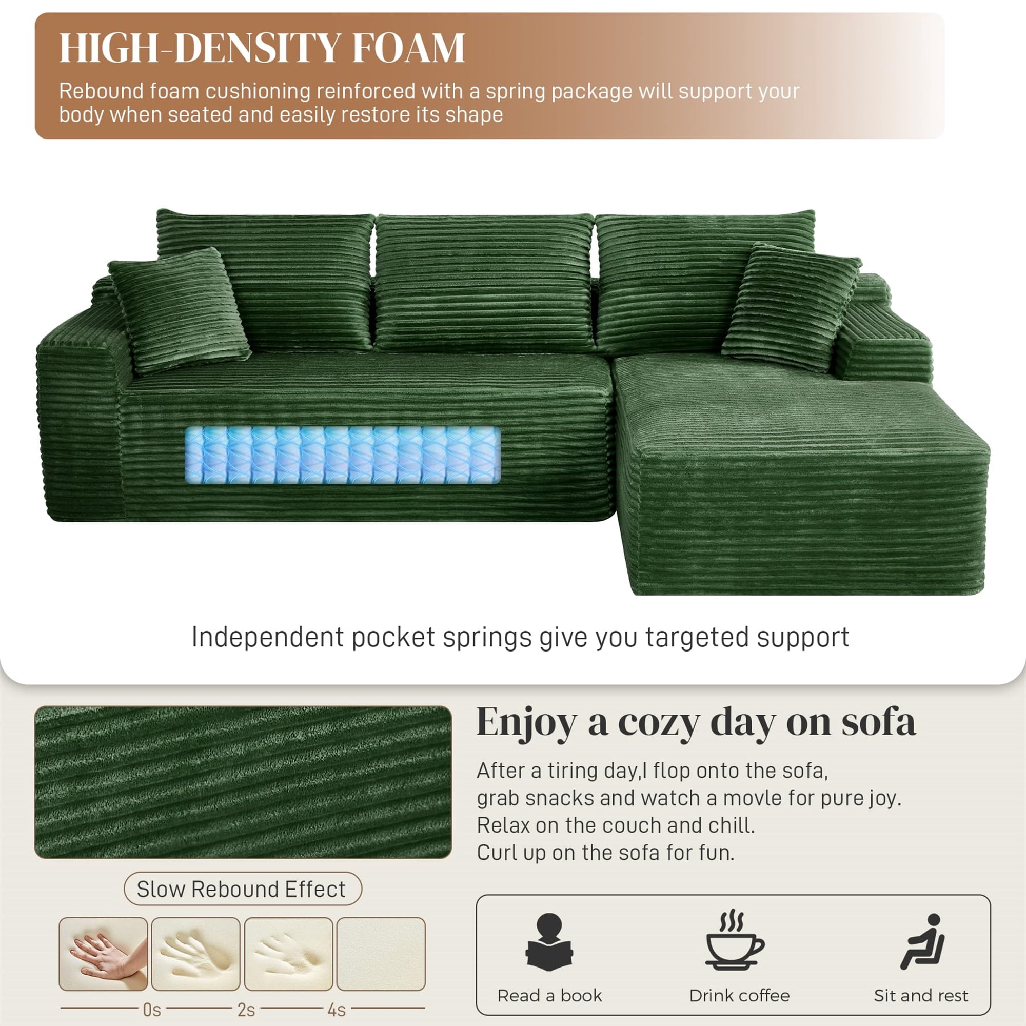 Aukfa 108" Cloud Sectional Sofa Deep Seat Boneless Couch Modular L-Shaped Couch, Rihgt Chaise Corduroy Sofa for Living Room, Green