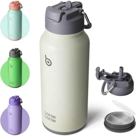 BOTTLE BOTTLE 32 oz Insulated Water Bottle Stainless Steel Sport Water Bottle with Straw Dual-use Lid Design for Gym with Pill Box (gray)