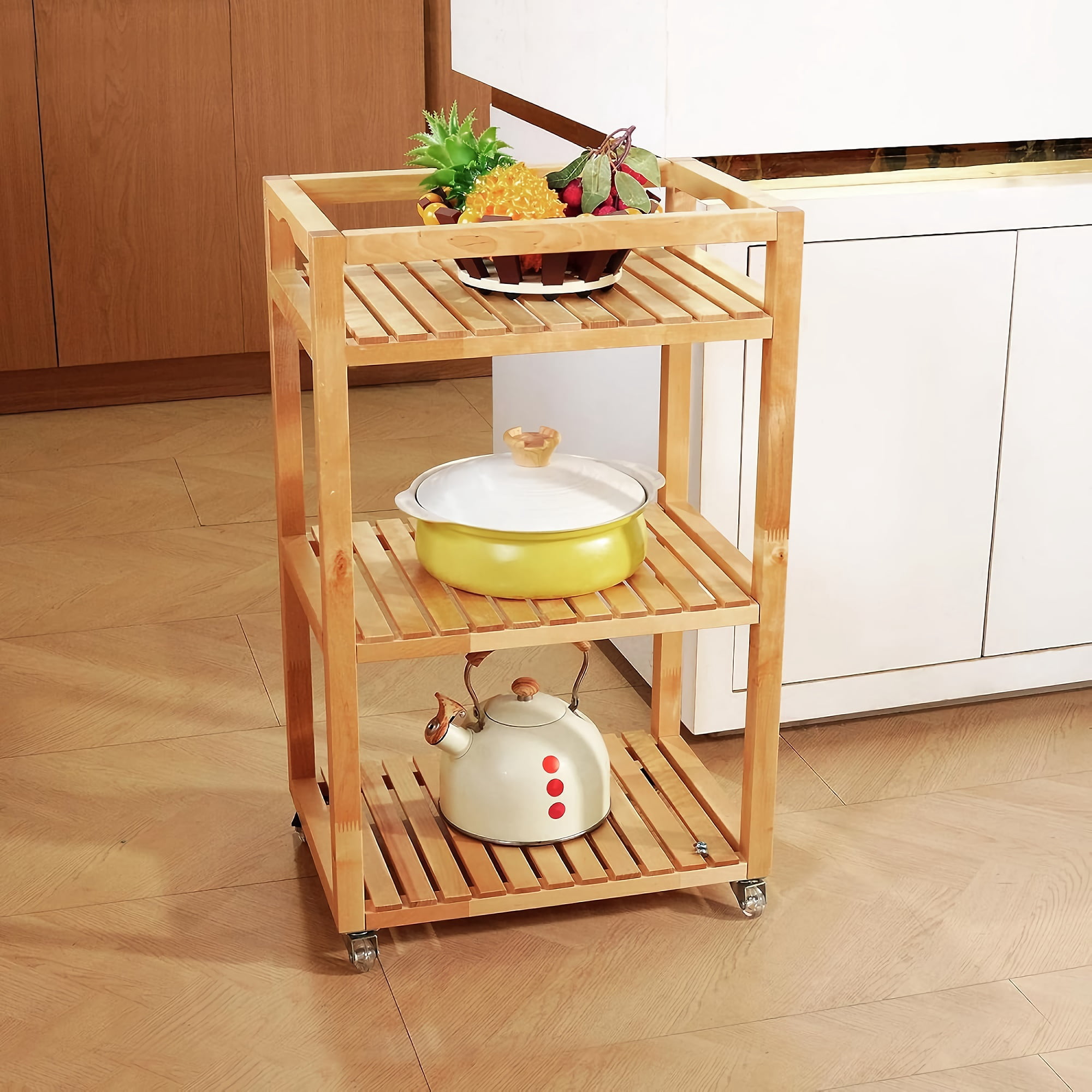 TOYTEXX 3-Tier Rolling Storage Shelf, Solid Wood Utility Cart with