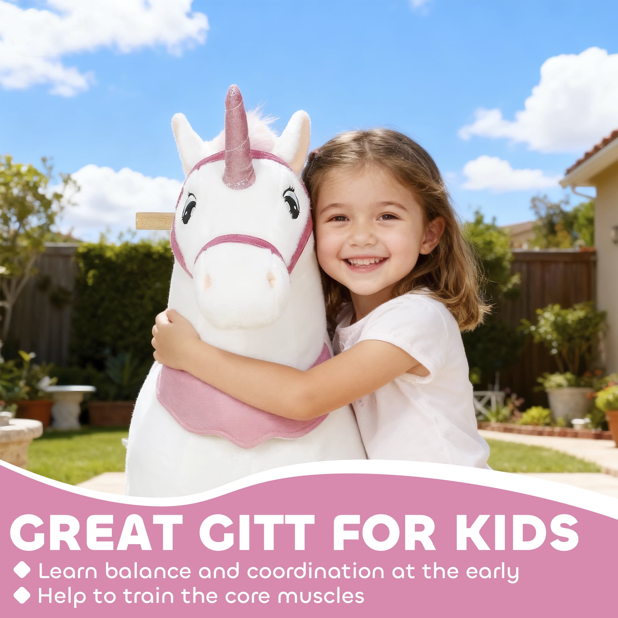 Qaba Ride on Unicorn Toy for Kids 4-7 Years, 37.8 Inch Plush Baby Rocking Horse, Mechanical Walking Animal with Wheels, No Batteries Required, White