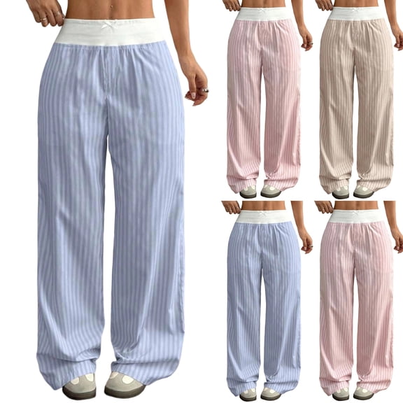 Women's Striped Wide Leg Pants High Waist Casual Lounge Pants with Elastic Waistband, Flowy Palazzo Trousers for Summer Blue L