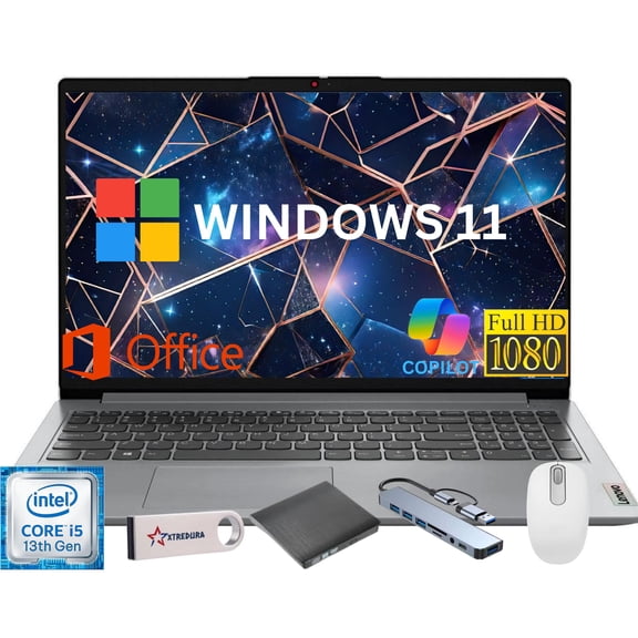 Lenovo Ideapad 1i 15.6" Full HD Laptop, Intel Core i5-1335U (Beats i7-1255U) 13th Gen, 24GB RAM, 256GB SSD,Lifetime Office,Windows 11 Home,CoPilot Gift Set,Grey