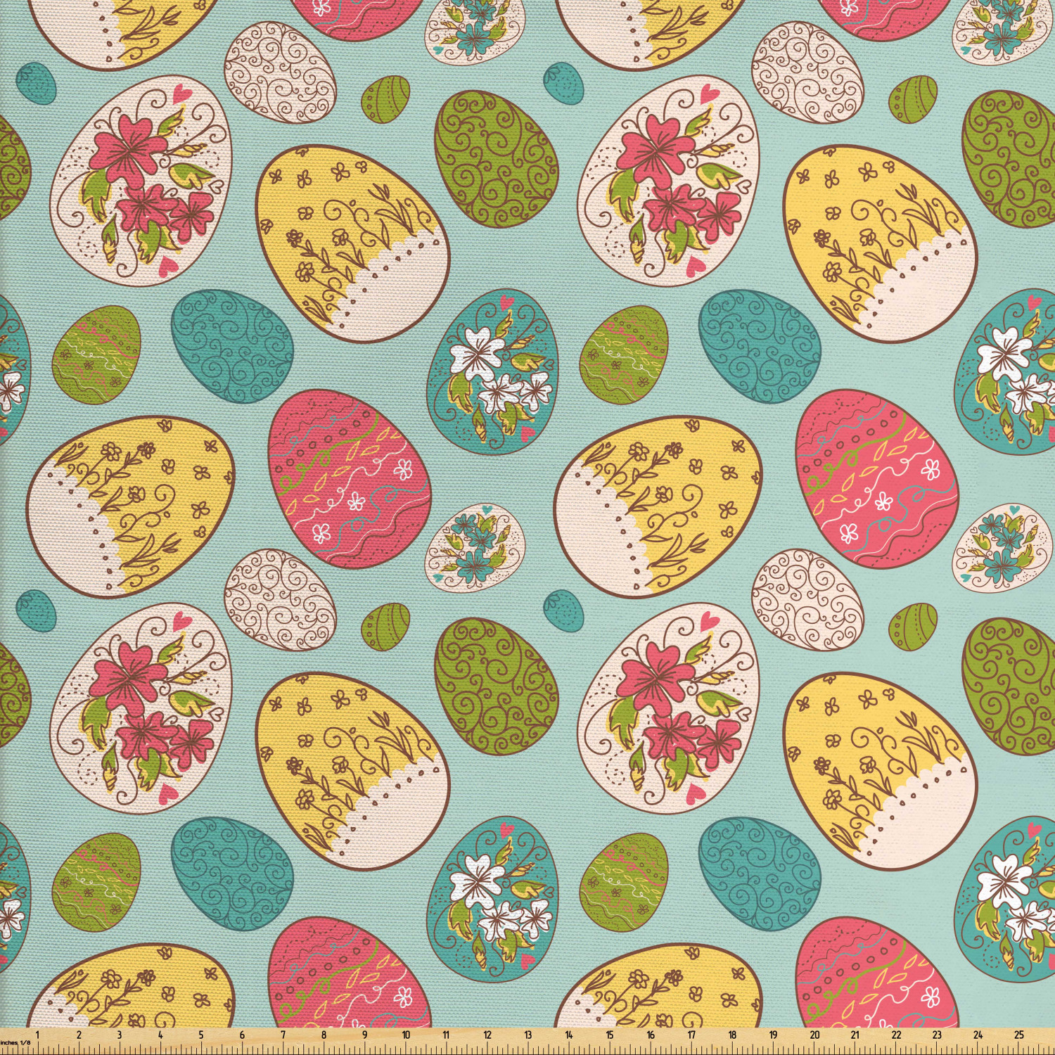 Easter Fabric by The Yard, Pale Blue Backdrop with Curly and Floral