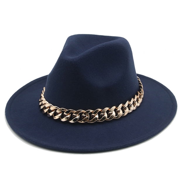 Qarigey Sombreros Fedora Unisex, tejido de ala ancha, collar de oro cálido, gorro de lana, cadena de cono de Color sólido, sombrero grueso de Sombreros Ming azul