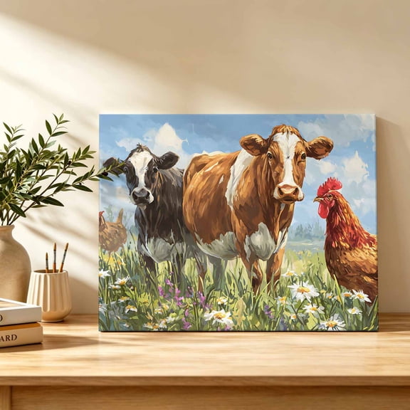 Farmhouse Cow Chicken Canvas Wall Art, Cute Animals Rustic Farm Wall Art Prints Artwork Framed Canvas Ready to Hang Art Pictures for Bedroom Living Room Closet Kitchen 16" x 12"