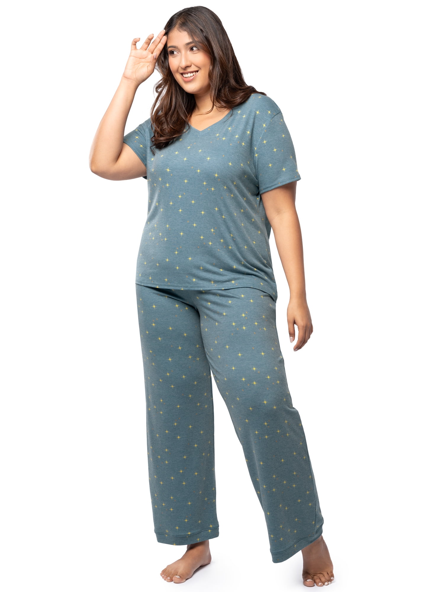 Fruit of the Loom Women's Soft & Breathable V-Neck Short Sleeve Top & Pajama Pant Set, Sizes S-4X
