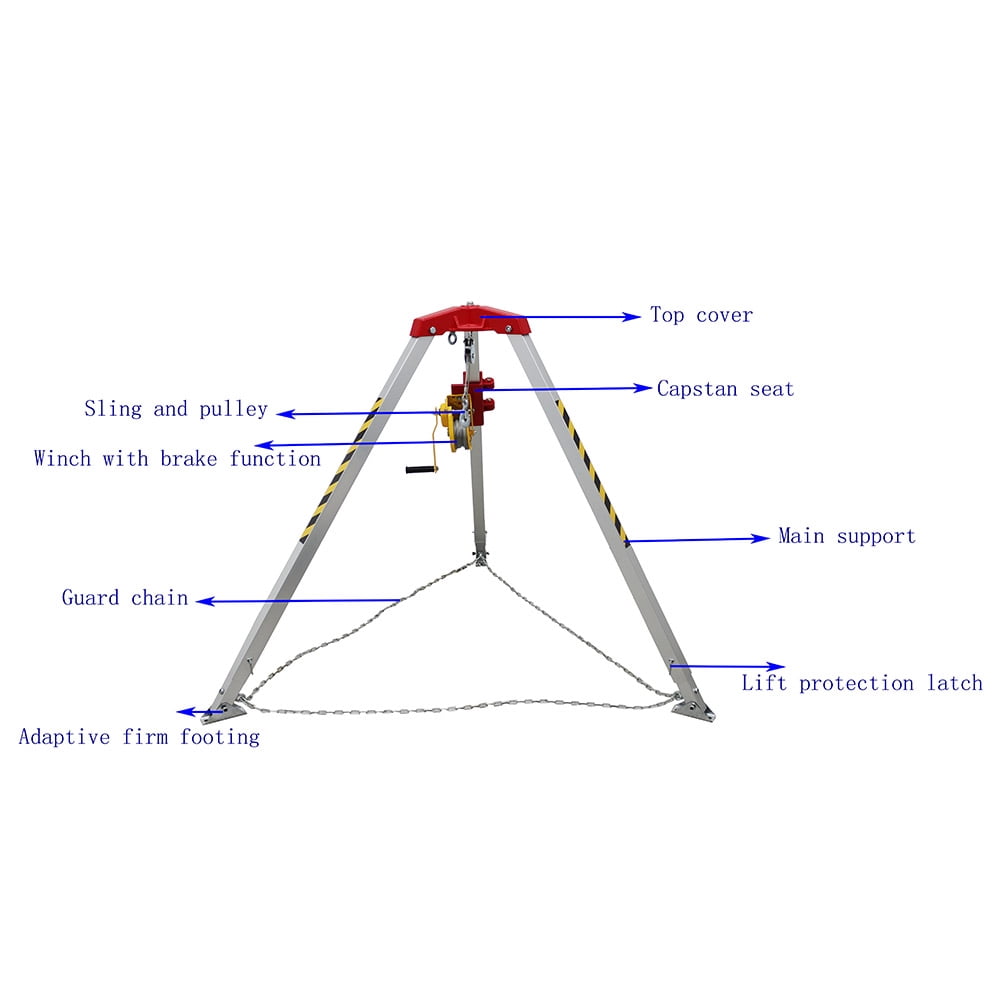 Confined Space Tripod Kit Emergency Rescue Tripod with 1200lb Winch & 32.8ft Anti-fall Device & 65ft Wire Rope