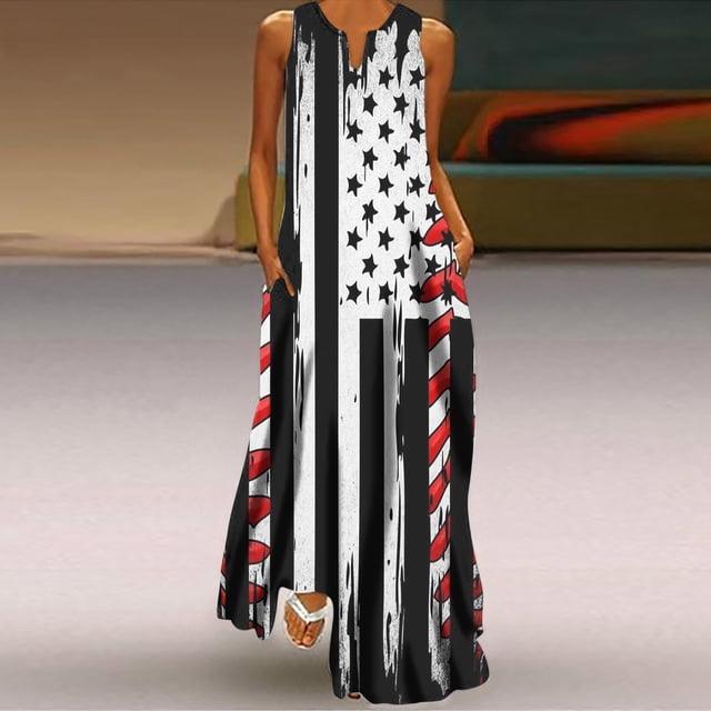 SMihono Robe Maxi Bohème d'Été pour Femmes Grande Taille Femmes Décontractée Ample Imprimée Robe Débardeur Plage Col en V avec Poche Robe Soleil Sans Manches Robes Plage Évasée Robe Soleil