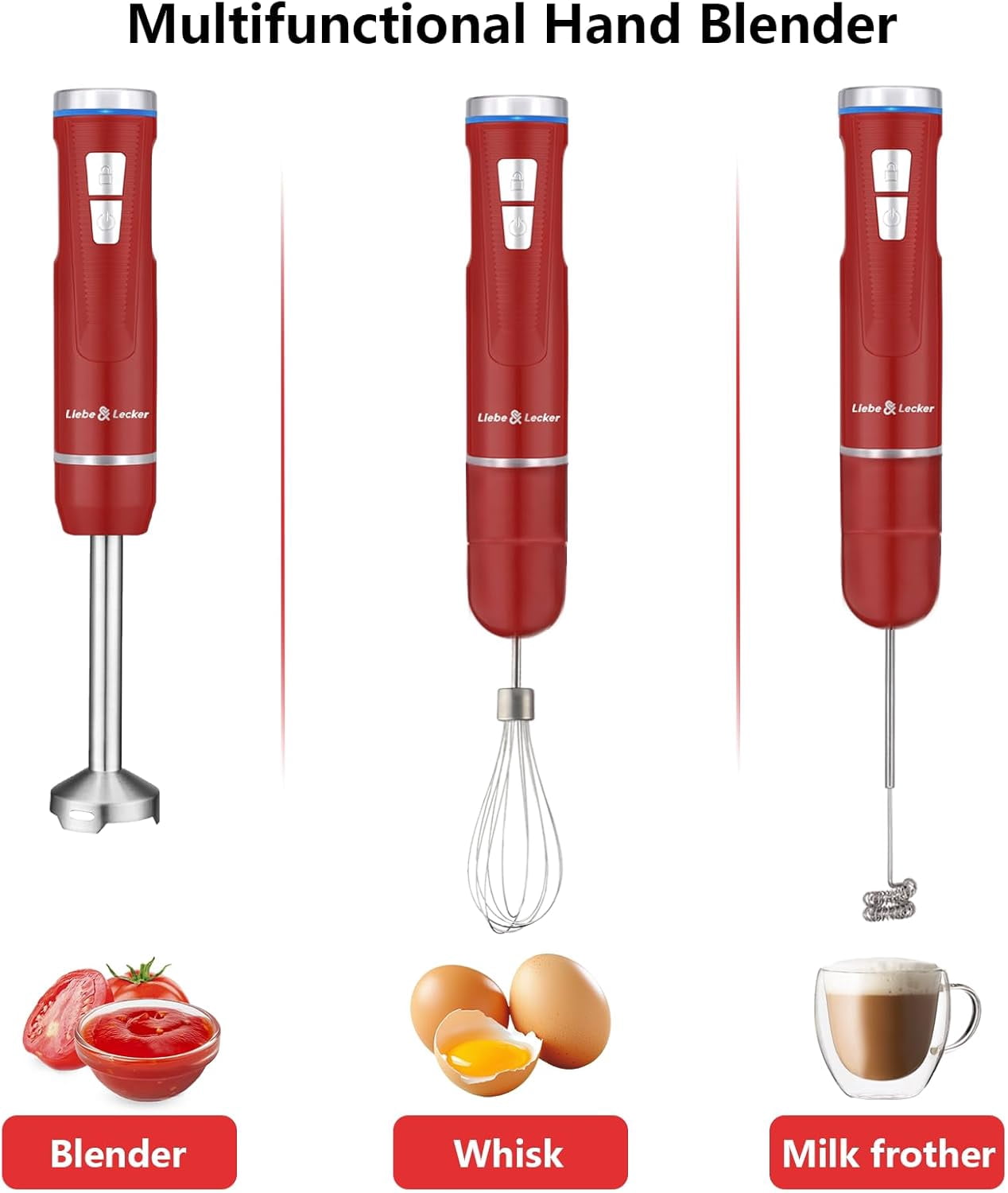 Immersion Blender Handheld Cordless, 3 in 1 Cordless Hand Blender with Whisk Milk Frother for Soup Smoothie Red