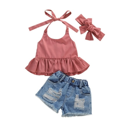 

Nokpsedcb 3Pcs Kids Baby Girls Vest Sleeveless Ripped Tops Shorts Jeans Sets