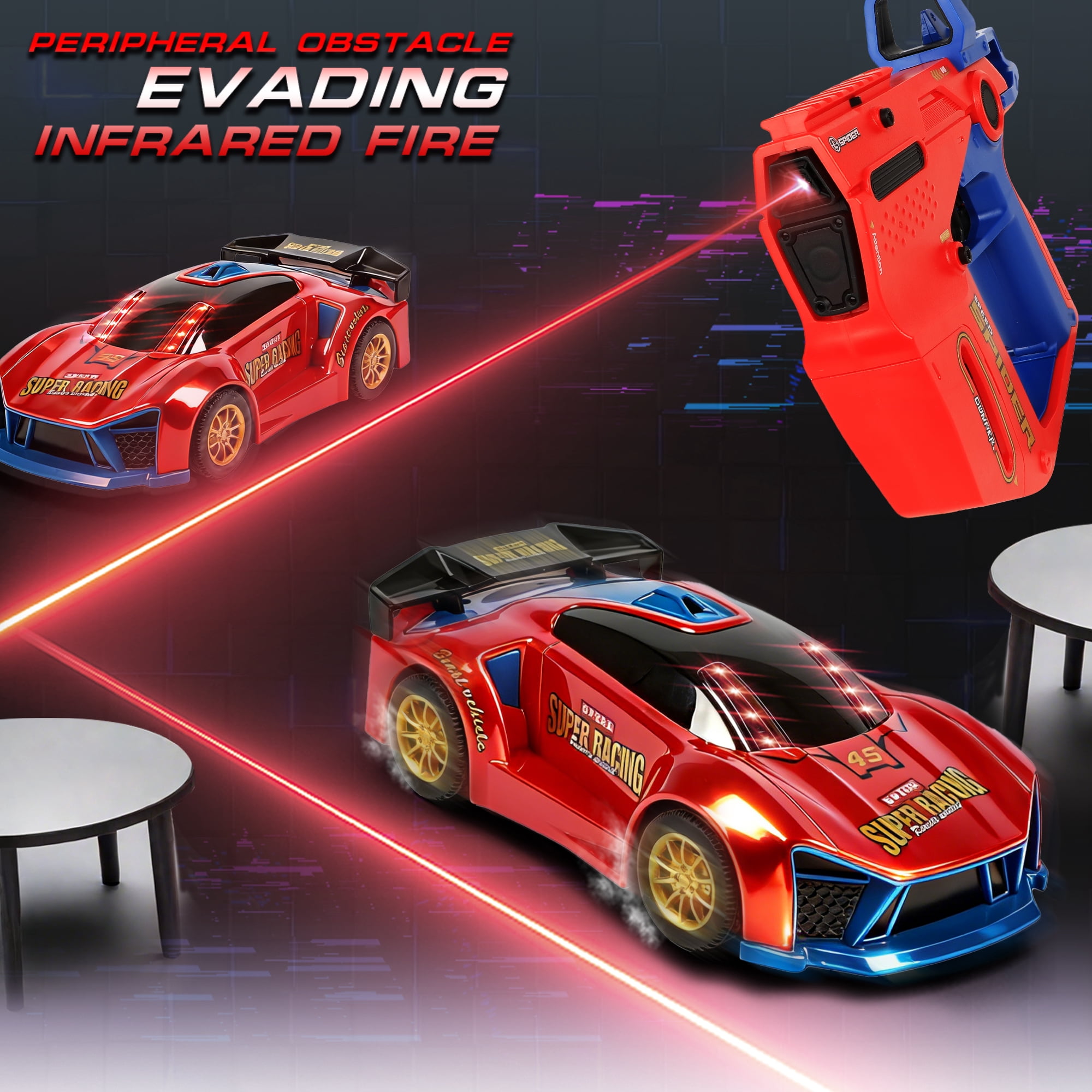 ZSUCC Battle RC Cars Stunt Racing Set, 3 IN 1 4WD Drift Car Toy for Kids Ages 6-12, Dual Controller, & Interactive Combat Game, Parent-Child Sensor Chase Toy for Kids Ages 6+ (Red)