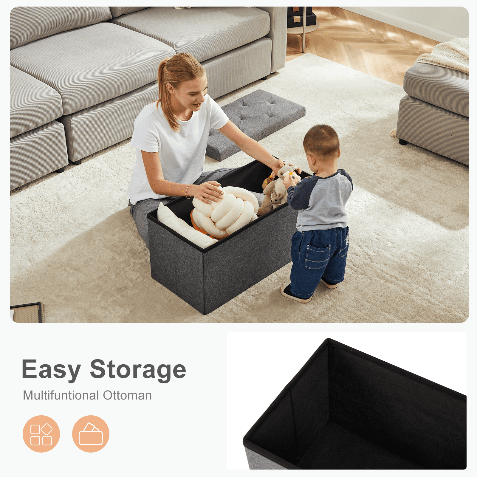 JOINSUN 30" Folding Storage Ottoman Bench, Linen material, Foot Rest Stool Storage Chest, Grey
