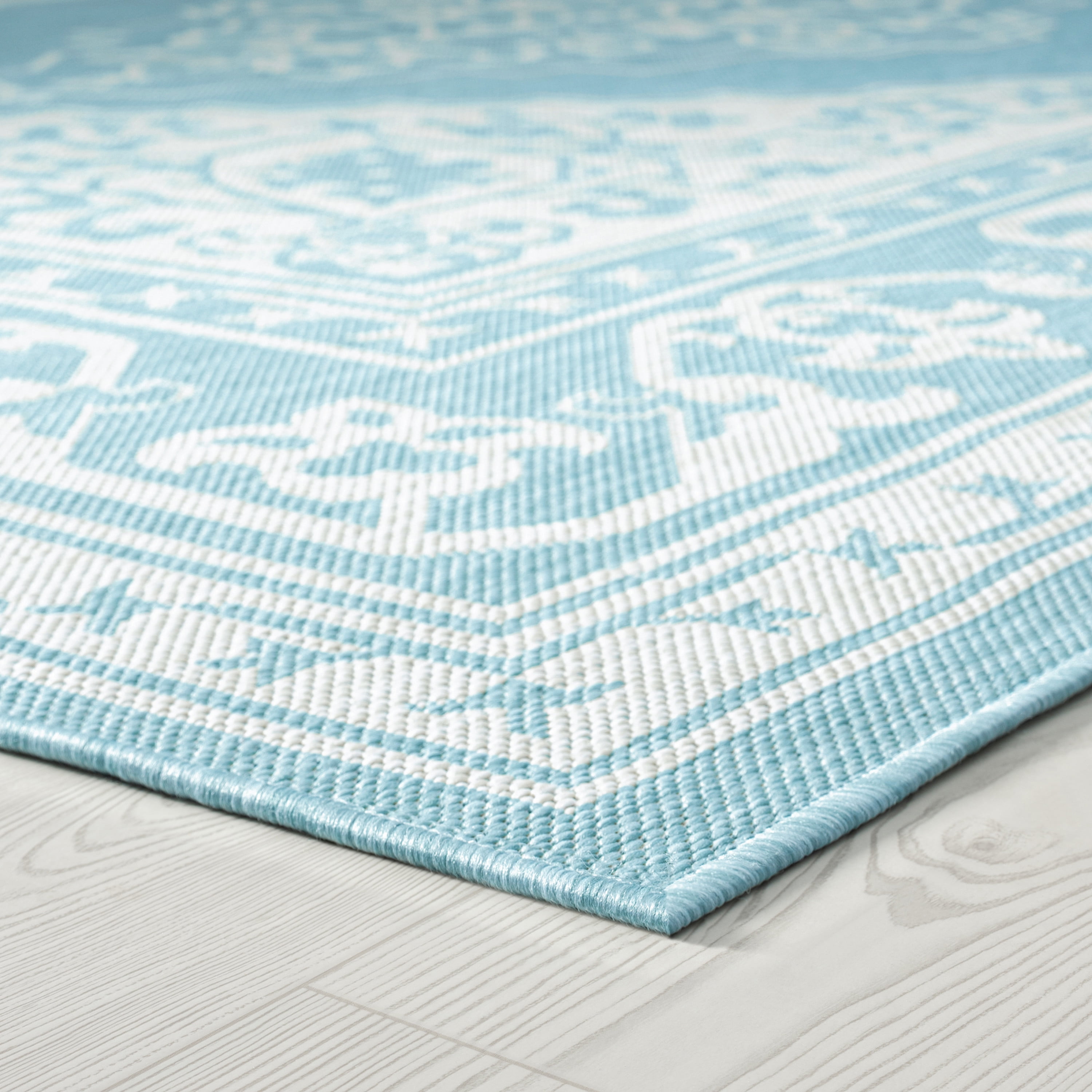 Bliss Rugs Floral Indoor Outdoor Rug Water Resistant Runner Rug for Patio, Hallway, Entryway, Deck, Aqua ,2' x 8'