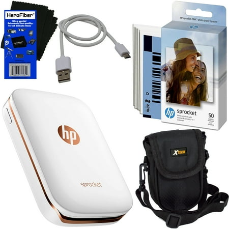 HP Sprocket Photo Printer, Print Social Media Photos on 2x3 Sticky-Backed Paper (White) + Photo Paper (60 sheets) + Protective Case + USB Cable + HeroFiber® Gentle Cleaning