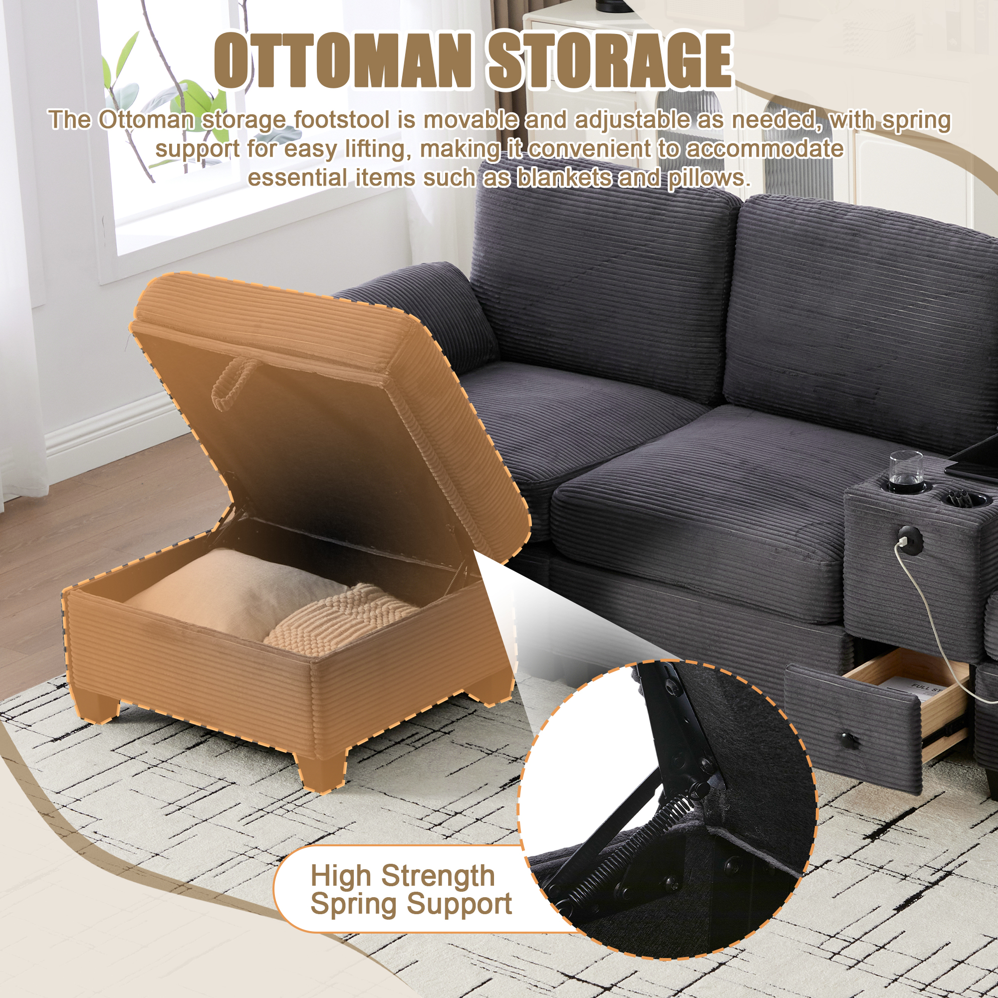 MOONMISS Corduroy Upholstered L-Shaped 4-seater Storage Multifunctional Sectional Sofa with Storage Ottoman-Dark Grey