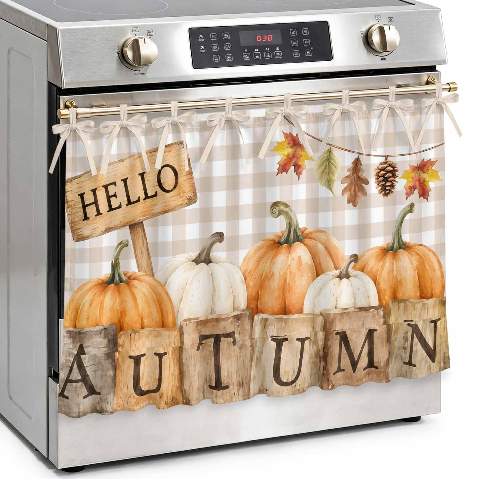 Hello Autumn Fall Oven Skirt Curtain Kitchen Stove Skirt Cover with Tie Top Beige Checked Pumpkins Thanksgiving Decorative Cabinet Cover Dishwasher Curtain for Farmhouse Decor 30x21.5 Inch