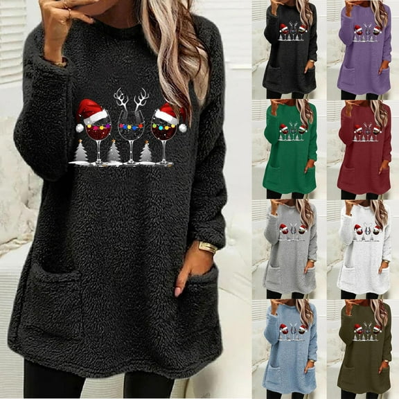 NSLGXD Fleece Sweatshirt for Women Winter Warm Tunic Tops Christmas Graphic Long Sleeve Crewneck Pullovers Holiday Thermal Coats with Pockets