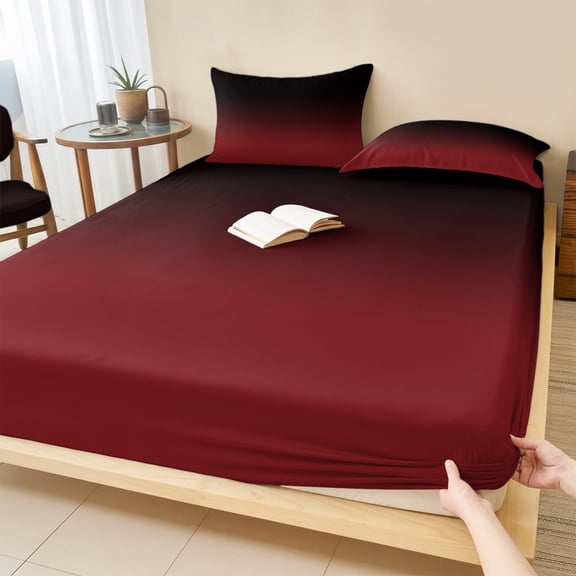 King Size Fitted Sheet Set - Black Red Ombre 3 Piece Bedding Sets 16" Deep Pocket Fitted Sheet with 2 Pillowcases, Modern Abstract Art Gradient Brushed Microfiber Hotel Luxury Bed Sheets