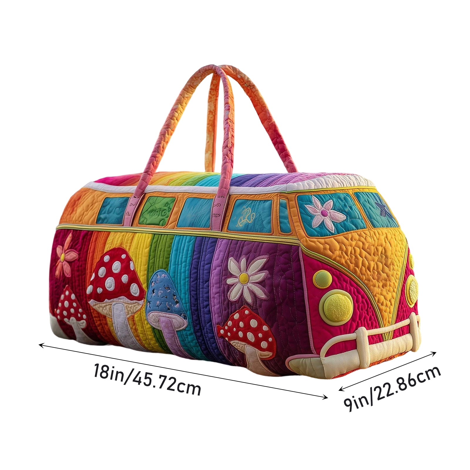 Quilted Hippie Van Duffle Bag with Adjustable Strap, Medium 18-inch Bohemian Weekender Bag for Travel, Durable Polyester Quilted Carryall for Gym Yoga Dance,U