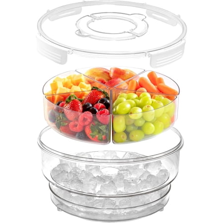 UCO Veggie Tray with Lid 11.2-Inch Chilled Divided Serving Tray Container, Ice Bottom Lazy Susan Serving Dish for Vegetable & Fruit, Rotating Snack Platter for Appertizers, Parties