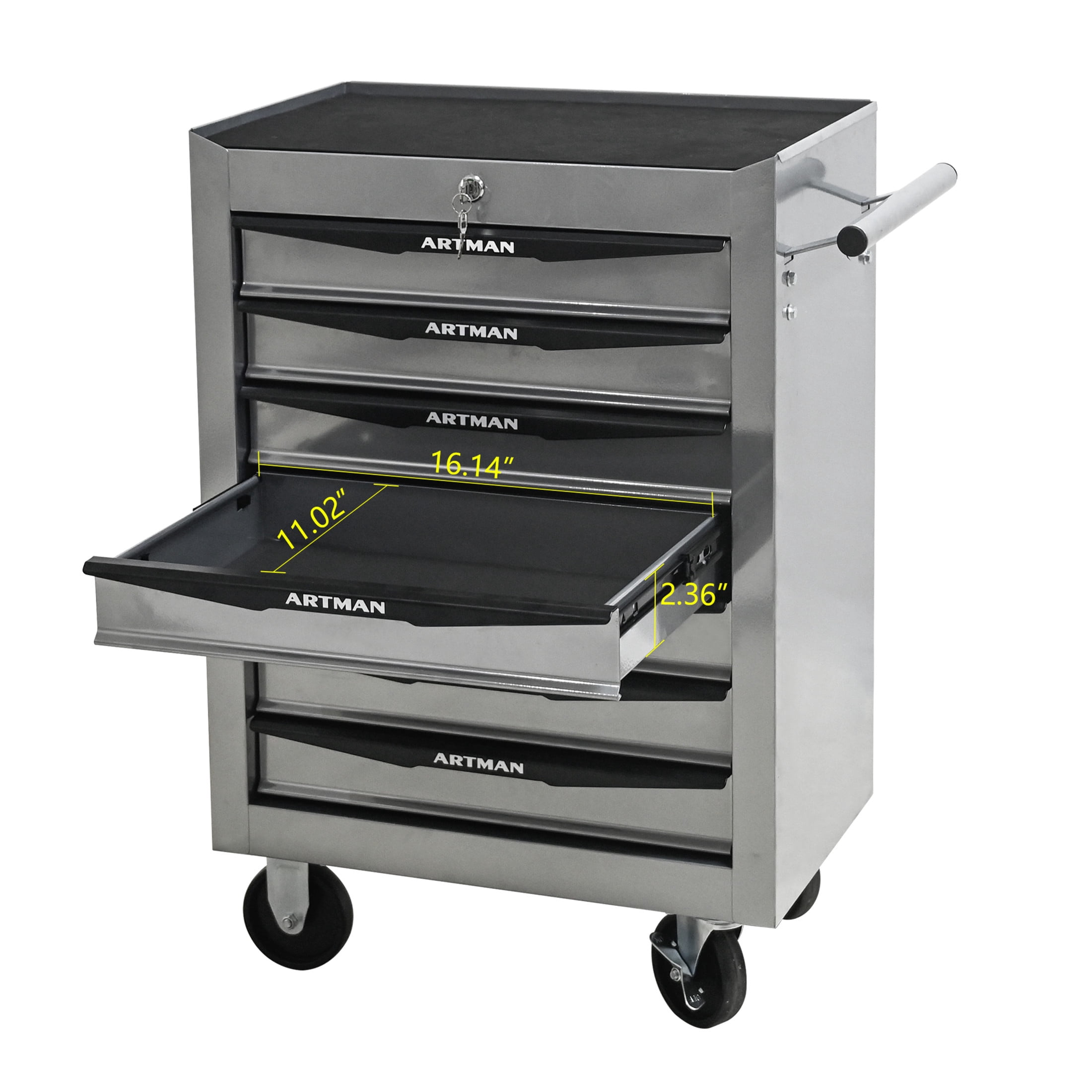 Noble House 7-Drawer Mobile Steel Tool Organizer with Key Lock, Ball Bearing Slide Storage Cabinet Box, Silver
