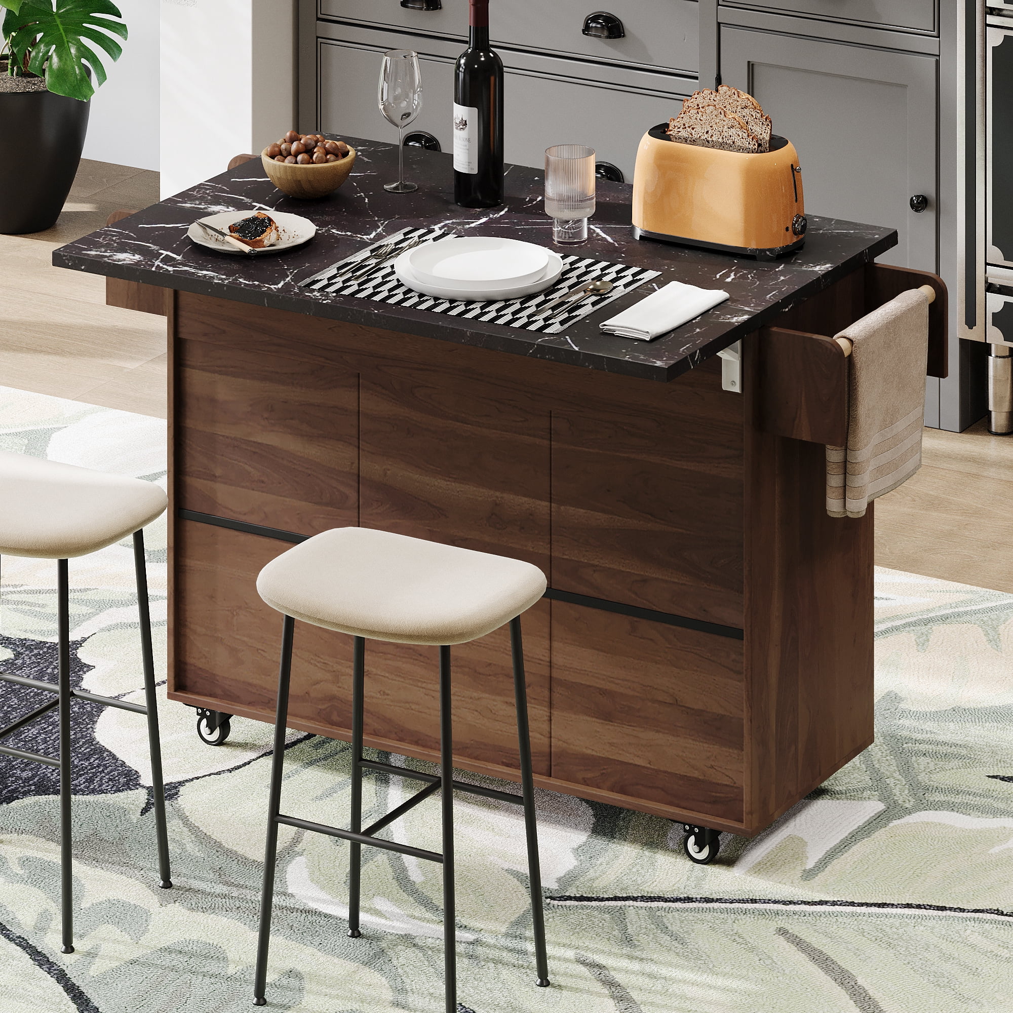 Leumius Kitchen Island with Trash Can Storage Cabinet, Kitchen Cart with Drop Leaf, Spice Rack, Towel Rack and Drawer, Rolling Kitchen Island on Wheels with Adjustable Shelf, Walnut
