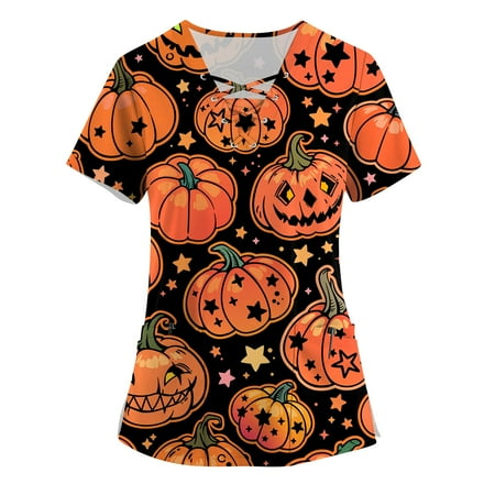 

RPVATI Scrub Tops for Women Halloween Pumpkin Printed Clothes Cute Plus Size Short Sleeve Nurse Uniform Stretchy Patterned Fall Shirt Clearance with Pockets V Neck Scrubs Ginger 5XL