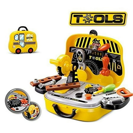 Children's Fun Interactive Pretend Play 31 PCS Just Like Daddy My Very Own Portable Workbench & Tools Playset & Accessories Toy - Cute Workshop Taxi Shaped Case To Hold In The Tools -