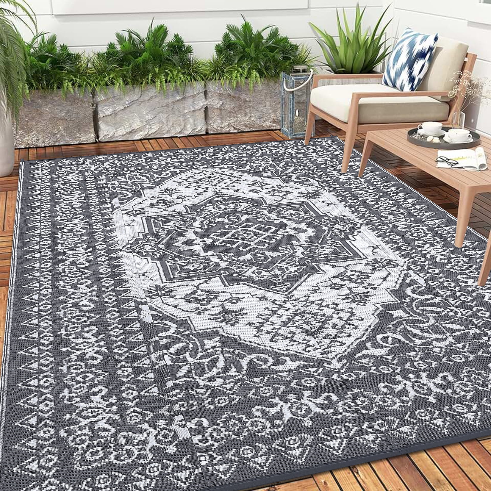 ZACOO Outdoor Reversible Mats Geometric Plastic Straw Rug Waterproof 9x12 Feet Reversible Patio Rug Outdoor Camping Rug for Beach, Grey/White