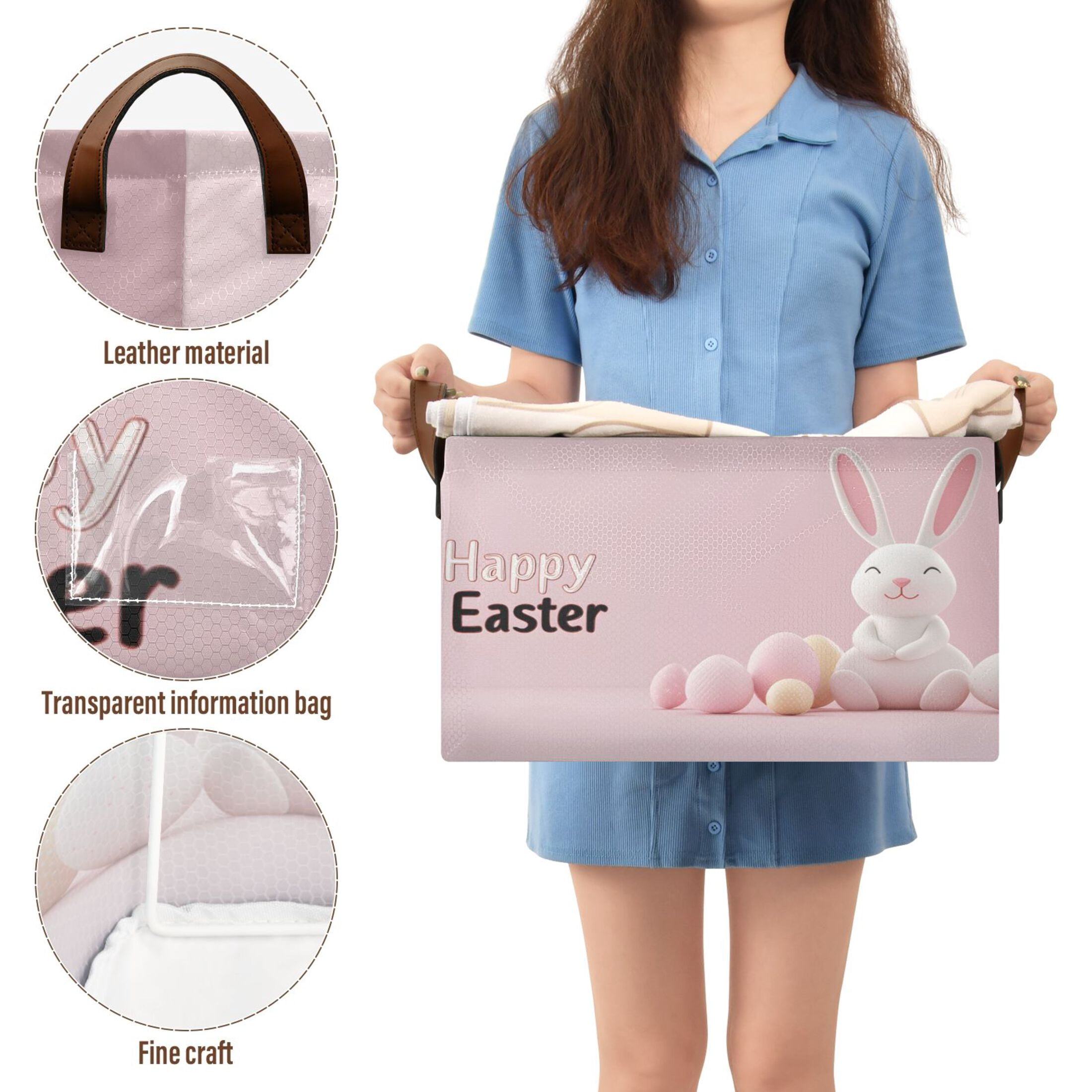 Ryvnso Cute Happy Easter Rabbit Storage Bins Large Basket Foldable Cube Toys Organizer with Handles 2 PCs