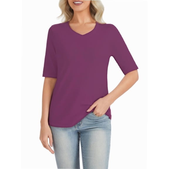 Women's V Neck Tops Solid Color Tees Casual Summer T-Shirts Half Sleeve T-Shirts Burgundy L