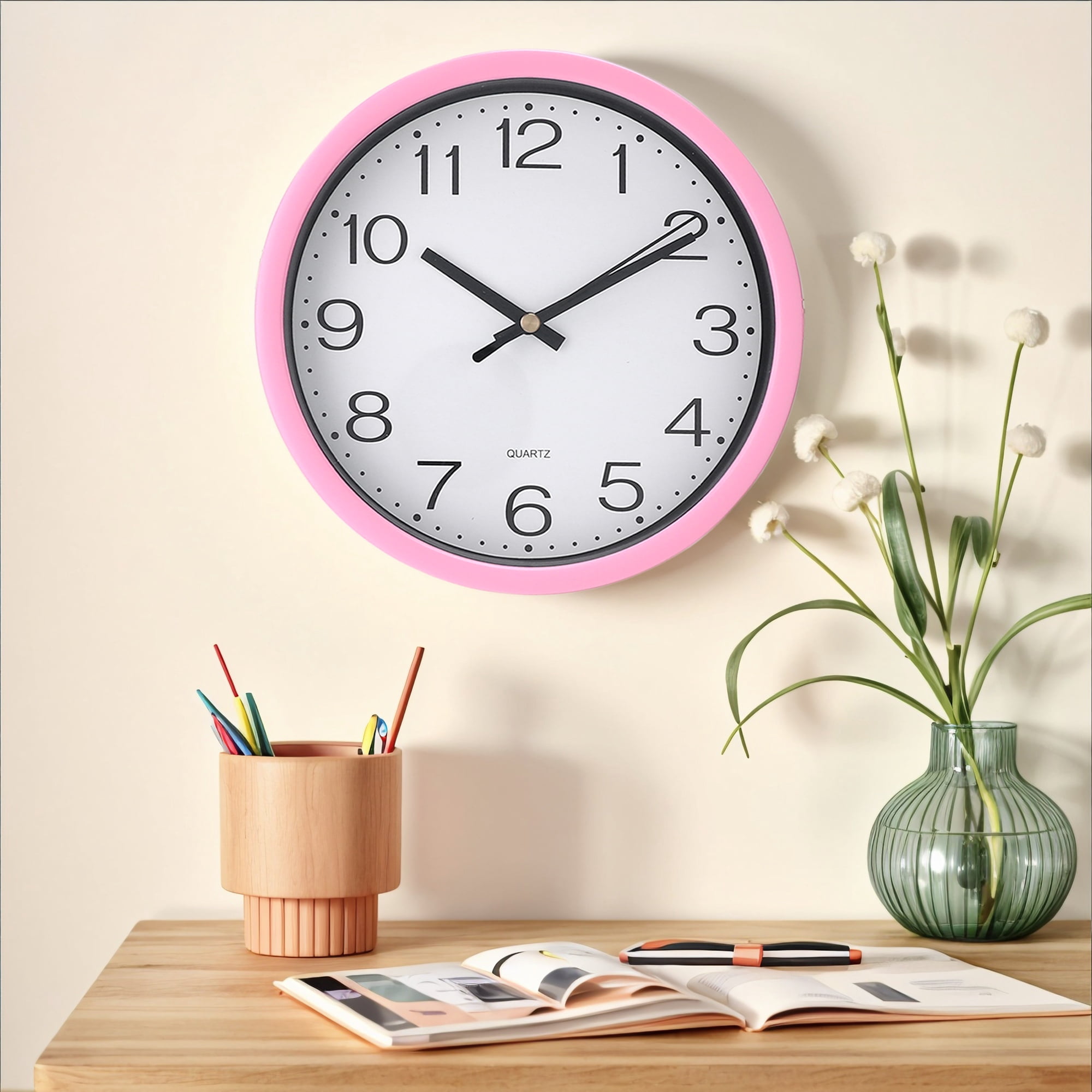 Unique Bargains Silent Non Ticking Battery Operated Modern Wall Clocks Pink