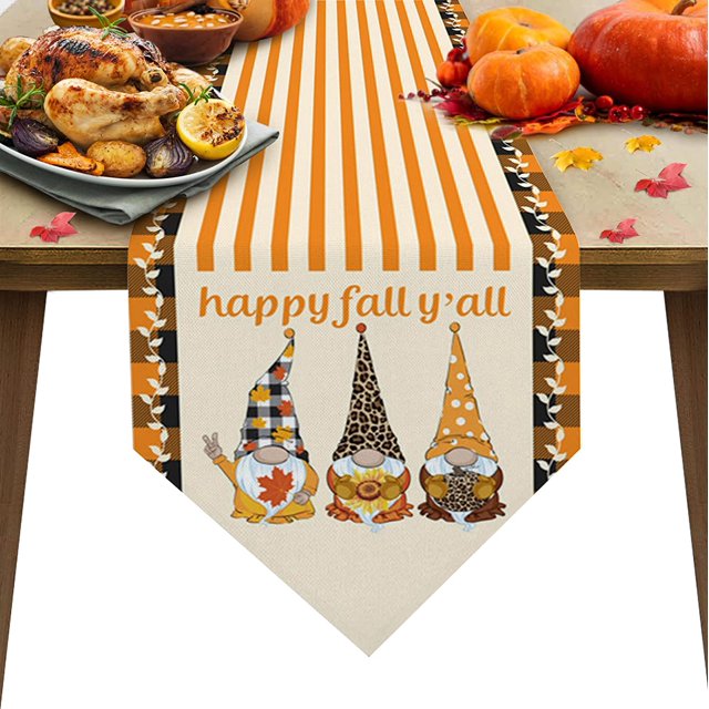 Cotton Linen Table Runners Thanksgiving Day Dwarf Gnome Happy Fall Y'all Kitchen Dining Burlap Table Decoration for Home Party Decor 14 x 72 Inch