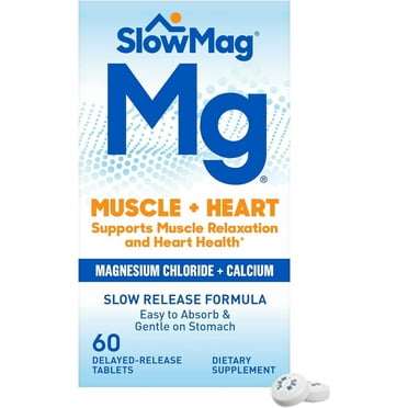 SlowMag Muscle   Heart Magnesium Chloride with Calcium Supplement to Support Muscle Relaxation, Occasional Muscle Cramping & Heart Health, High Absorption, 60 Count