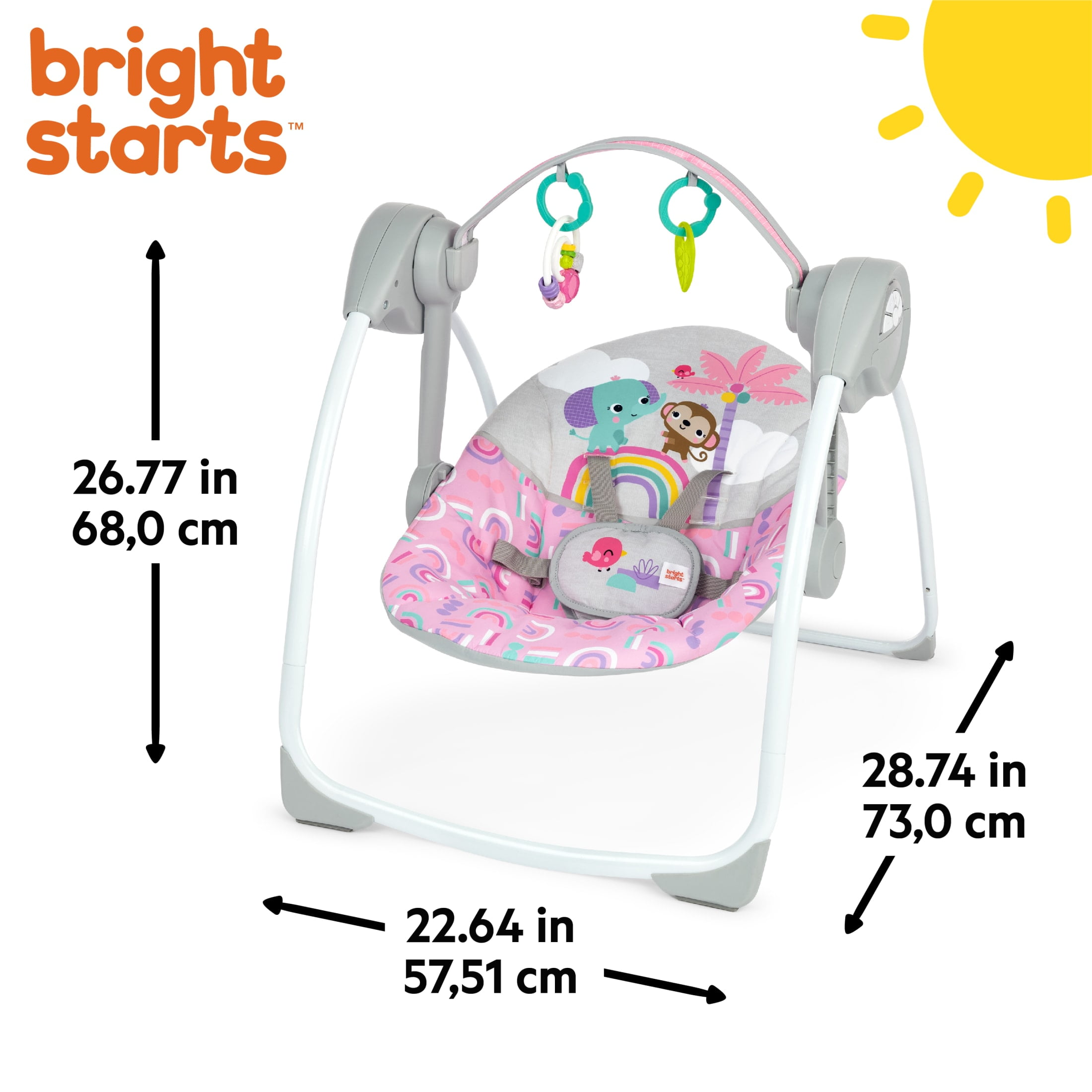 Bright Starts Pink Paradise Portable Compact Baby Swing with Toys, Unisex, Newborn +
