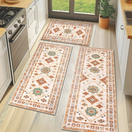 MeyJey Vintage Kitchen Rug Set, 3 Piece Non-Slip Kitchen Mat Machine Washable Runner Rug for Home Floor and Living Room, Beige/Orange