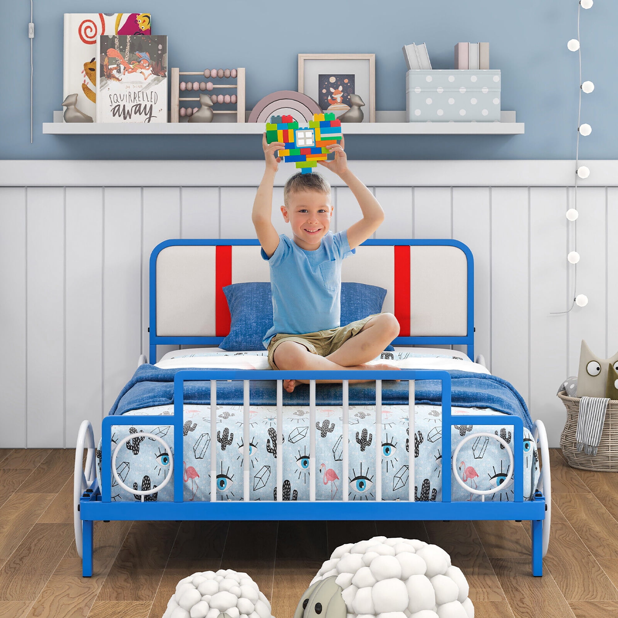 Gymax Twin Size Kids Bed Frame Car Shaped Metal Platform Bed w/ Upholstered Headboard