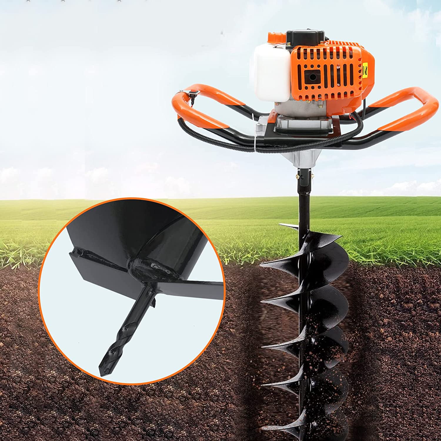 52CC 2-Stroke Heavy Duty Gas Powered Post Hole Digger with 3pcs Earth Auger Drill Bits 4 & 6 & 8 Bits Fence Drill Digger for Farm Garden Plant and1 Extension Rods 
