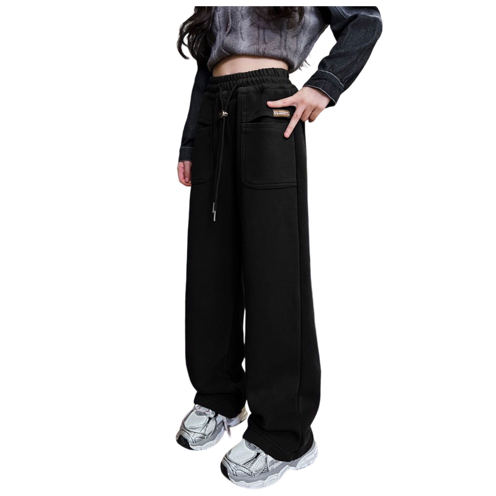 Karoyedx Baby Jogger Girl's Casual Sweatpants Drawstring Elastic Joggers Mid Rise Wide Leg Baggy Long Pants with Pockets Black Size,4-5 Years