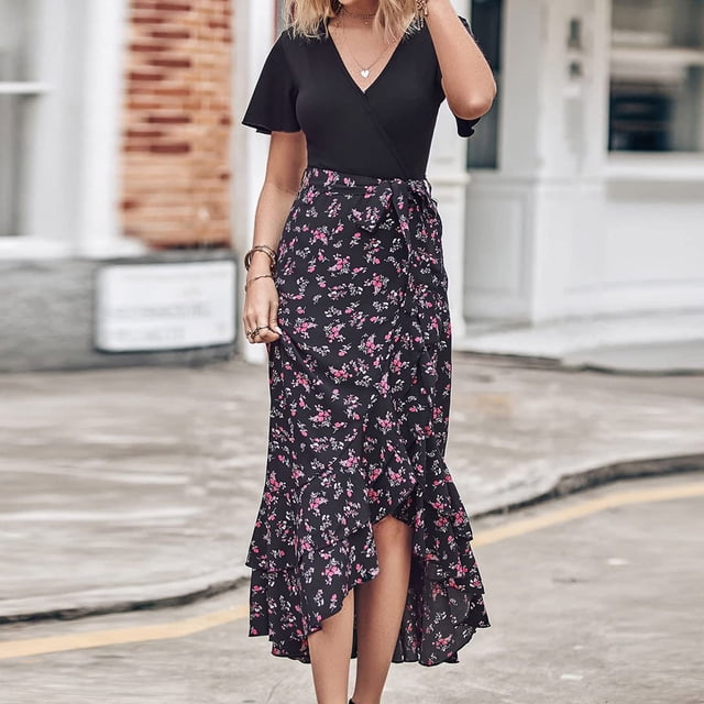 Fshaion Robe d'Été pour Femmes 2024 Grande Taille pour Manches Courtes Col en V Boho Imprimé Floral Ceinture Taille Haute Basse à Volants Robe Maxi Cocktail Liquidation à Moins de 10!