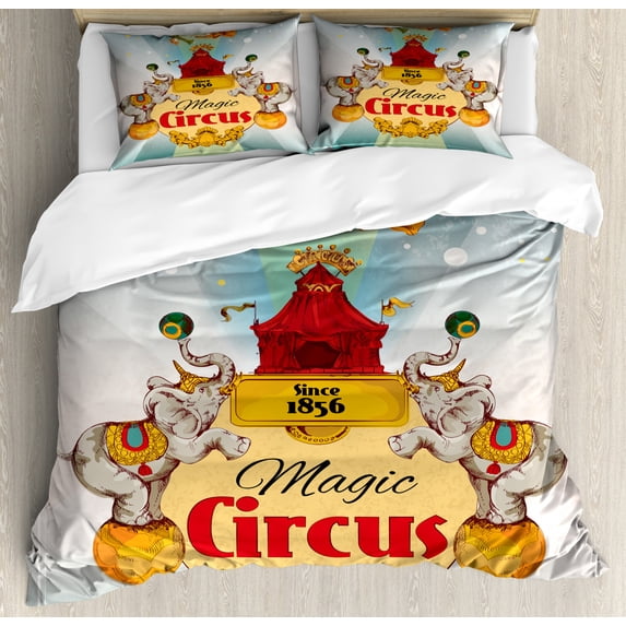 Circus King Size Duvet Cover Set, Magic Circus Tent Show Announcement Vintage Style Aerialist Acrobat Performance, Decorative 3 Piece Bedding Set with 2 Pillow Shams, Multicolor, by Ambesonne