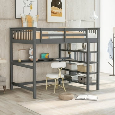 Full Loft Bed with Desk, Full Size Loft Bed with Storage, Wood Loft Bed for Bedroom Dorm for Teens, No Box Spring Needed, Gray