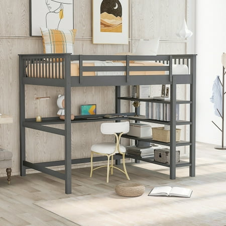 Full Loft Bed with Desk  Full Size Loft Bed with Storage  Wood Loft Bed for Bedroom Dorm for Teens  No Box Spring Needed  Gray
