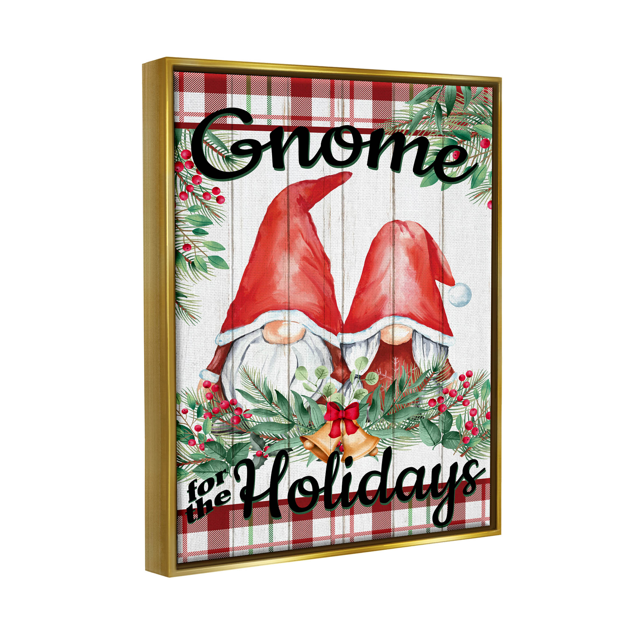 Stupell Industries Gnome For The Holidays Plaid Graphic Art Metallic Gold Floating Framed Canvas Print Wall Art, Design by Kim Allen