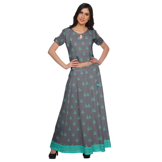 Moomaya Printed Ethnic Wear Long Skirt And Cold Shoulder Crop Top Set For Girls