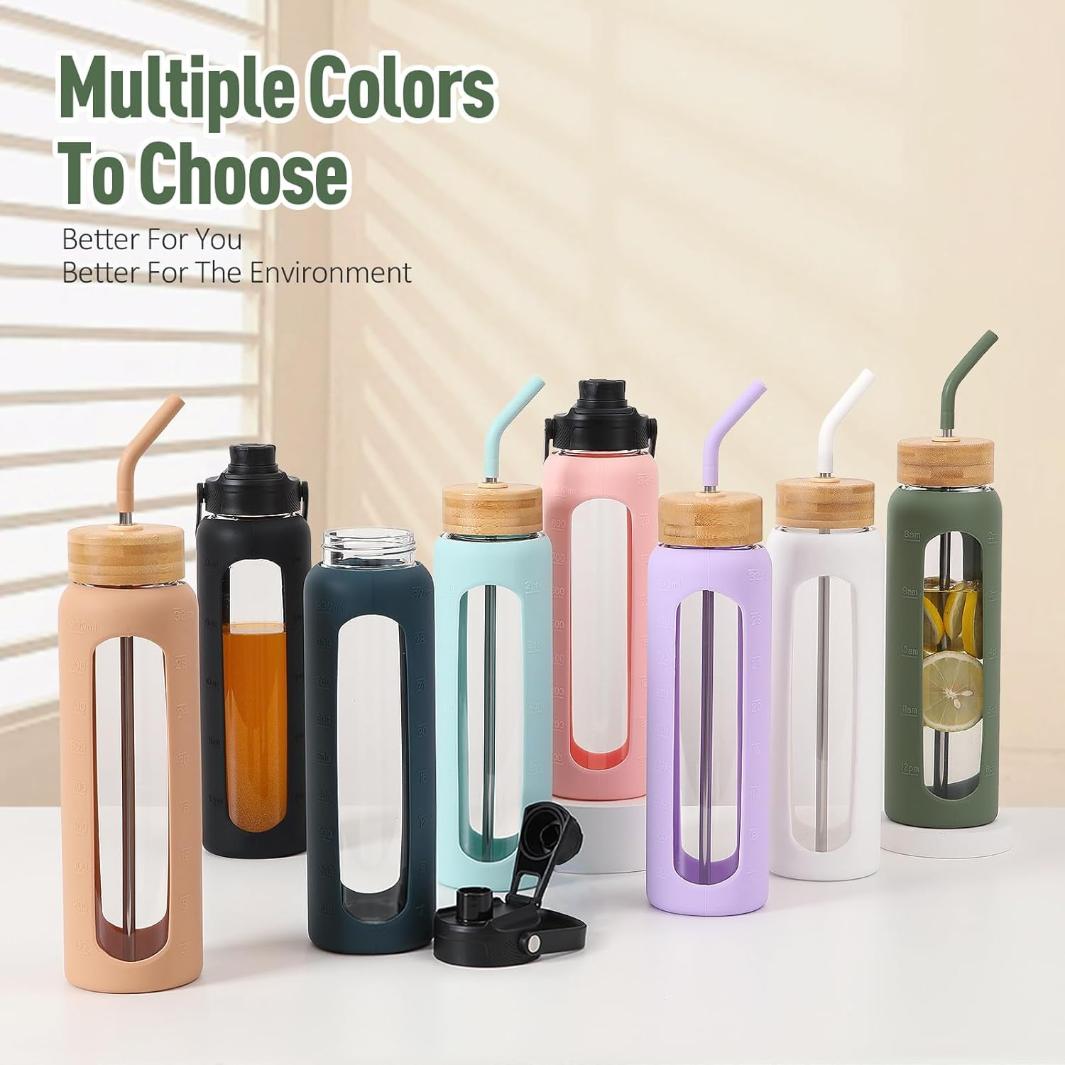 MUKOKO Glass Water Bottle, 32oz Sports Drinking Tumbler with Silicone Sleeve and Straw, 1 Cup 2 Lids, Olive